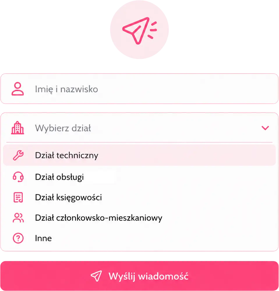 zgłoszenie kontaktowe z wyborem działu dział techniczny dział obsługi dział księgowy inne wyślij wiadomość